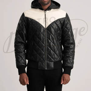 Veste matelassée en cuir contrasté pour homme, design matelassé en losanges, capuche en simili cuir, manteau d'hiver chaud et rembourré - Product Image 2
