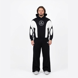 ชุดเซ็ตสตรีทแวร์ 2 ชิ้น เสื้อฮู้ดดี้ผ้าฟลีซหนา 400gsm สีดำขาวตัดกันลายเปลวไฟ และกางเกงจ็อกเกอร์ทรงหลวมสำหรับผู้ชาย - Product Image 6