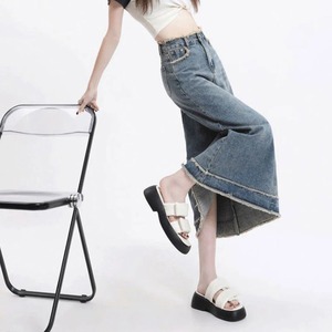 Jupe en jean fine à bords bruts pour femme, style rétro bleu, mi-longue, taille haute, tendance - Product Image 2