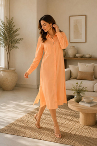 Women's Cotton <b>Shirt</b> Dress, Peach Button-Down Tunic, Long Sleeve, Elegant Style - Product Image 5