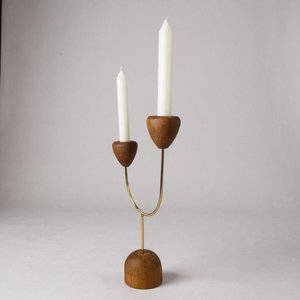 Wooden <b>Candle</b> <b>Stand</b> with Brass Frame Double Holder for Home Decoration table ware natural finish - Product Image 4