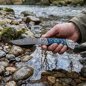 Couteau pliant artisanal en acier Damas de Pasha Enterprises, manche en bois bleu, étui en cuir, couteau de survie professionnel pour le camping - Product Image 5