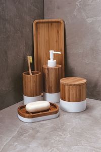 Decorative Wooden Bathroom Set Rustic Finished <b>Toothbrush</b> <b>Holder</b> Soap Dispenser Modern Luxury Bathroom Countertop Accessories - Product Image 5