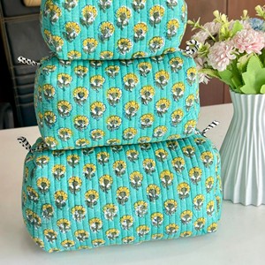 Quilted Cotton Eco-Friendly Zipper Cosmetic Toiletry <b>Bag</b> Set Turquoise Thread Pattern Multi-Function Organizer for Women - Product Image 3