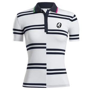 Polo Sublimado a Rayas Blancas y Negras para Mujer, Manga Corta, Estilo Deportivo, Cómodo para Golf y Actividades al Aire Libre - Product Image 1