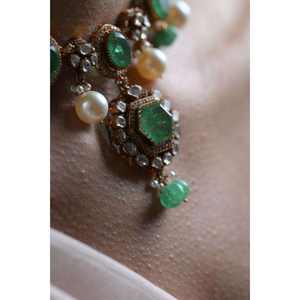 Hexagon Shaped 925 Sterling Silver Choker Necklace And Earrings <b>Set</b> Green Gemstone And White Pearls Fashion Bridal Jewellery - Product Image 4