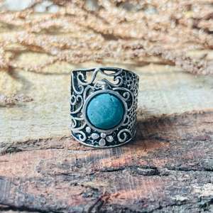 Anillo de Turquesa Boho de Banda Ancha para Mujer, Joyería de Plata Oxidada y Latón al por Mayor - Product Image 1