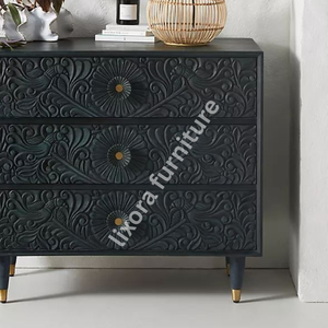 Luxury Handcrafted Solid Wood 3 Drawer Dresser Ornate Peacock Floral Vine Carving Matte Black Finish - Product Image 3
