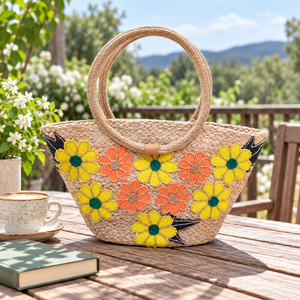 Sac fourre-tout personnalisable en jute tressé avec poignées annulaires et appliques lettres, écologique, pour la plage d'été, vente en gros - Product Image 6