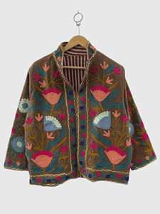 Hand Embroidered Floral Velvet Jacket Full Sleeve Plus Size Women'<b>s</b> Autumn Style Prairie Chic Shawl Collar Open Front Coat - Product Image 1