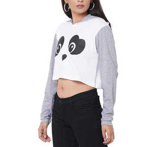 Sweat à capuche court pour femme, blanc et gris, imprimé panda de dessin animé, en coton tricoté, décontracté, pour le printemps, manches longues, longueur courte - Product Image 4