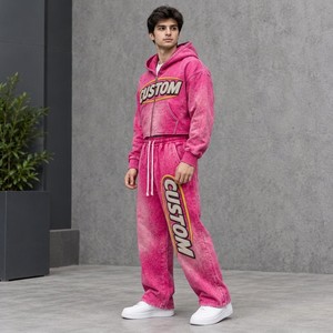Premium Men's 480GSM Cotton Blend Tracksuit Acid Wash Rhinestone Chenille <b>Hoodie</b> Wide Leg Sweatpants Wholesale Apparel - Product Image 6