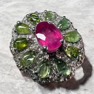 Flower Shape Ruby Cocktail <b>Ring</b> with <b>Green</b> Gemstones Prong Setting Rhodium Plated Minimalist 925 Silver Women's Luxury Jewelry - Product Image 4