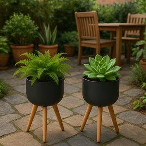 Ensemble de 2 jardinières en métal avec pieds en bois, noir, anti-rouille, rondes, pour plantes d'intérieur et d'extérieur, balcon, jardin, décoration de la maison - Product Image 3