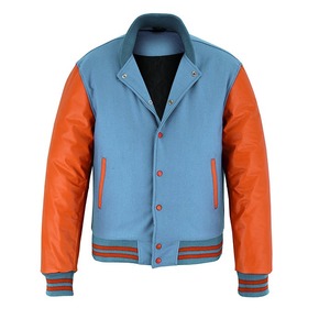 Chaqueta Varsity para Hombre, Azul y Naranja, con Bloques de Color, Ecológica, Estilo Urbano, Cuello Alto de Lana/Cuero, Abrigo Casual de Invierno, Corte Regular - Product Image 2