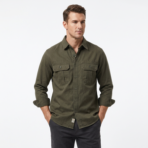 Men's Olive Green Long Sleeve Casual Shirt Solid Color Turn-down Collar Twill Fabric Breathable Polyester ODM Customized Autumn - Product Image 2