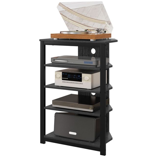 Black LED TV Stand Modern Entertainment Center with Storage Shelves and Steel Frame TV Table for Living Room Wood Panel Style