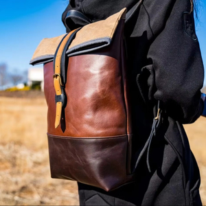 Genuine Leather <b>Roll</b> Top <b>Backpack</b> Mens Large Laptop Bag Cowhide Travel Rucksack Expandable Main Pocket LTBP-0117 - Product Image 1