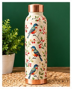 Navy Blue Copper <b>Water</b> <b>Bottle</b> with Gold Ginkgo Leaf Pattern Modern Portable <b>Metal</b> Drinkware - Product Image 2