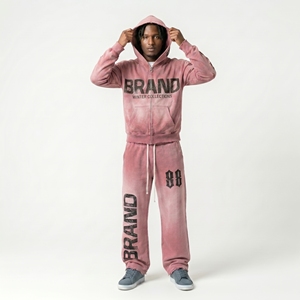Men's <b>Pink</b> Hooded <b>Tracksuit</b> Full Zip Sweatshirt And Pants Set Winter Casual Wear With Brand Print And Side Pockets Flared Pant - Product Image 1