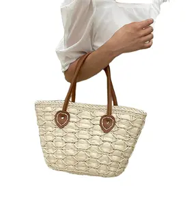 Straw khaki heart strap joint Tote bag Woven paper rope Bag Crochet Macrame Beach Bags Direct From Indian Supplier