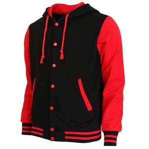 Blouson universitaire à capuche noir et rouge pour homme en coton molletonné avec boutons-pression, style Letterman, streetwear, vêtement d'extérieur, fournisseur OEM - Product Image 5
