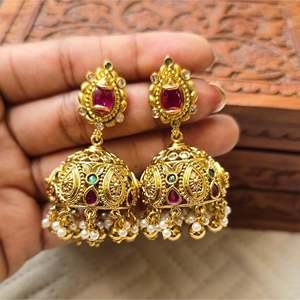 Traditional Brass Jadau Kundan Floral Drop Jhumka Earrings for Wedding and Party - Product Image 1
