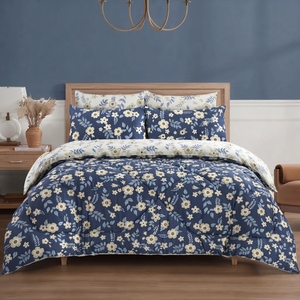 Juego de Edredón con Estampado Floral, Reversible, Patrón Azul y Blanco, Cosido, 100% Algodón T-150, Transpirable para Todas las Estaciones, Uso Doméstico - Product Image 1