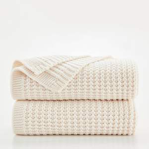 Plaid en tricot Raschel 100 % coton, épais, chaud, doux, uni, à pompons texturés, pour l'hiver - Product Image 5