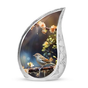 Urne funéraire en forme de goutte d'eau argentée avec motif personnalisé Paon et Forêt pour cendres d'adultes, urne décorative en métal en forme de larme - Product Image 2