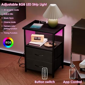 LED Nightstand with USB Ports Outlets and 2 Fabric Storage Drawers <b>Night</b> <b>Stand</b> with Charging Station PU Finish - Product Image 4