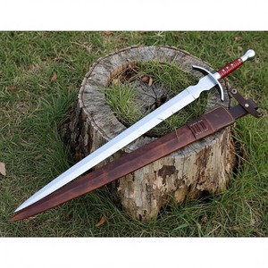 Couteau long à lame droite en acier au carbone fait main avec manche en bois et fourreau, pointe de lance - Outil multifonctionnel OEM pour le camping en extérieur - Product Image 1