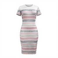 Women's Striped Button Bodycon Midi Dress Short Sleeve Polo Neck Casual Summer Knit Cotton Breathable Patterned Contrast Color
