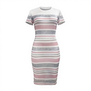 Women's Striped Bodycon Midi Dress Short Sleeve Polo Neck Casual Summer Knit Cotton Breathable Patterned Contrast Color Tight - Product Image 3