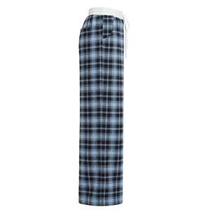 Pantalones de estar por casa de pierna ancha a cuadros azules para mujer, cintura media, cintura elástica, cordón, bolsillos laterales, ropa de dormir informal de algodón, ropa para estar en casa - Product Image 3