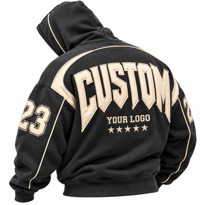 Sweat-shirt à capuche personnalisé brodé unisexe noir avec impression de lettres dorées, logo au dos, manches classiques, coupe ample, en molleton bouclette avec poche - Product Image 1