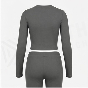 North Approach 2 Piece Yoga Set Crew Neck Crop <b>Top</b> Full Length High Waist Drawstring Solid Gray <b>Sweat</b> Wicking Sportswear - Product Image 2