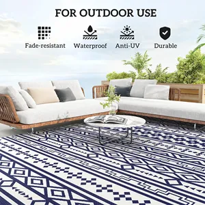 Tappeto da esterno reversibile impermeabile blu e bianco disegno geometrico da parete 9 'X 18' con borsa per il trasporto in paglia di plastica - Product Image 3