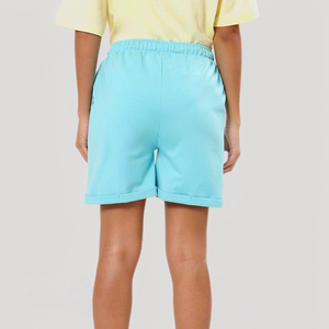 Shorts décontractés pour femmes en polyester tricoté bleu clair, taille haute, avec fermeture éclair, poches, respirants, coupe droite, effet déchiré - Product Image 2