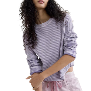 Camiseta de Manga Larga para Mujer, Unisex, Premium, Lavanda, Tejido Waffle, Cuello Redondo, Corte Holgado, Color Sólido, Transpirable, Algodón - Product Image 1