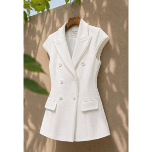 Chaleco Blazer Elegante de Tweed Blanco para Mujer, Doble Botonadura, Manga Casquillo, Oficina, Negocios, Diseño Personalizado ODM OEM ELENA - Product Image 5