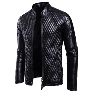 MEN’S QUILTED PU <b>LEATHER</b> <b>JACKET</b> WITH STAND COLLAR ZIPPER CLOSURE SLIM FIT SIDE POCKETS CASUAL STREETWEAR MODERN DESIGN - Product Image 2
