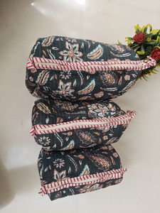 กระเป๋าเครื่องสำอางผ้าฝ้ายพิมพ์ลายดอกไม้สีเขียวลายทาง ทนทาน มีซิป กระเป๋าอินเดียสำหรับจัดเก็บเครื่องสำอางสำหรับเดินทาง - Product Image 5