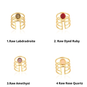 Bague en or 18 carats plaqué or naturel avec labradorite brute, quartz rose et améthyste – Design unique et brut – Bijou de luxe tendance et exclusif - Product Image 1