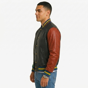 Veste universitaire en cuir véritable pour homme, style décontracté automne, col rabattu, color-block - Product Image 2