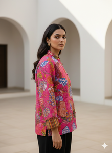 Chaqueta de Mujer 100% Algodón Reversible Acolchada de Manga Larga para Invierno con Cierre de Botones y Estampado Floral - Product Image 3