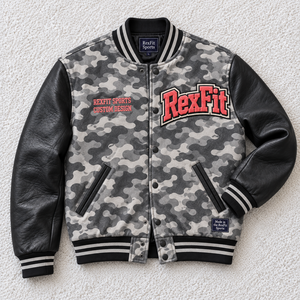 Veste universitaire camouflage personnalisée unisexe avec patchs lettres en chenille, manches en similicuir, col côtelé rayé et boutons-pression – Style streetwear - Product Image 2