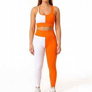 ชุดโยคะบราแบบ Racerback สีสันตัดกันสำหรับผู้หญิง กางเกงเลกกิ้งเอวสูงแบบเต็มตัว ชุดออกกำลังกายแบบสองชิ้น ชุดกระชับสัดส่วนสำหรับผู้หญิง - Product Image 1