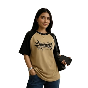 Women's Oversized <b>Raglan</b> T-Shirt, Y2K Graphic Print, Colorblock Brown and Black, Drop Shoulder Baggy Tee, Casual Streetwear <b>Top</b> - Product Image 3