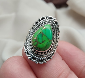 925 Sterling Silver Green Copper <b>Turquoise</b> Pear <b>Ring</b> With Gold Plating Options Handmade Gemstone Jewelry Wholesale Custom - Product Image 5